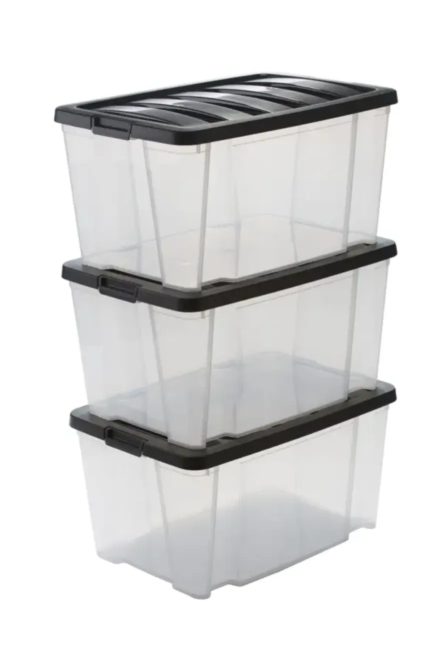 IRIS Handybox Opbergbox - 45L - Kunststof - Transparant/zwart - Set van 3