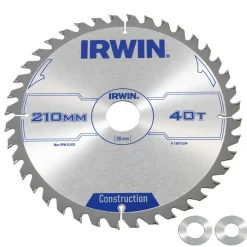 Irwin cirkelzaagblad Ø210 mm. Inclusief reduceerringen waardoor geschikt voor asgat 16, 20 en 30 mm, vertanding 40T