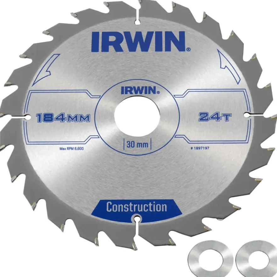Irwin cirkelzaagblad Ø184 mm. Inclusief reduceerringen waardoor geschikt voor asgat 16, 20 en 30 mm, vertanding 24T