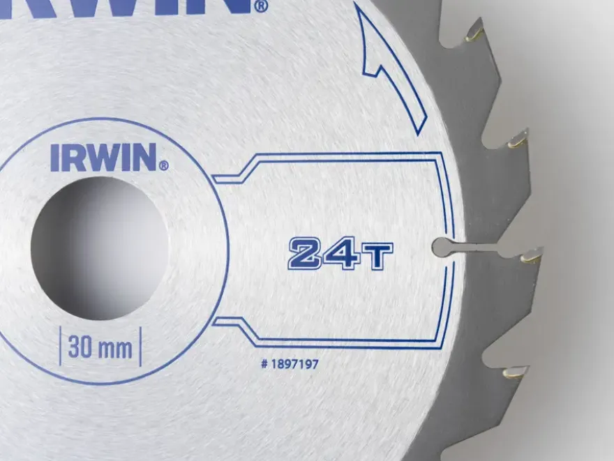 Irwin cirkelzaagblad Ø184 mm. Inclusief reduceerringen waardoor geschikt voor asgat 16, 20 en 30 mm, vertanding 24T