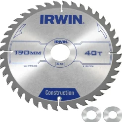 Irwin cirkelzaagblad Ø190 mm. Inclusief reduceerringen waardoor geschikt voor asgat 16, 20 en 30 mm, vertanding 40T
