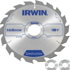 Irwin cirkelzaagblad Ø165 mm. Inclusief reduceerringen waardoor geschikt voor asgat 16, 20 en 30 mm, vertanding 18T