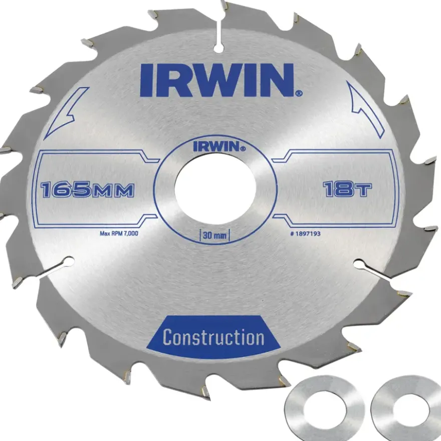 Irwin cirkelzaagblad Ø165 mm. Inclusief reduceerringen waardoor geschikt voor asgat 16, 20 en 30 mm, vertanding 18T