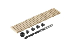 Irwin deuvelset Ø6 mm bestaande uit 24 houten deuvels, 1 houtspiraalboor met dieptestop en centreerpunten.