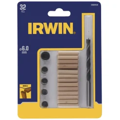 Irwin deuvelset Ø6 mm bestaande uit 24 houten deuvels, 1 houtspiraalboor met dieptestop en centreerpunten.