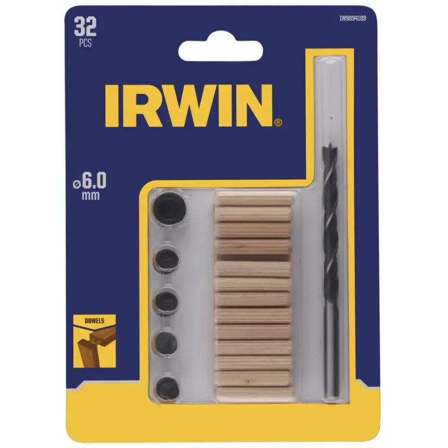 Irwin deuvelset Ø6 mm bestaande uit 24 houten deuvels, 1 houtspiraalboor met dieptestop en centreerpunten.