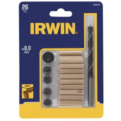 Irwin deuvelset Ø8 mm bestaande uit 20 houten deuvels, 1 houtspiraalboor met dieptestop en centreerpunten.
