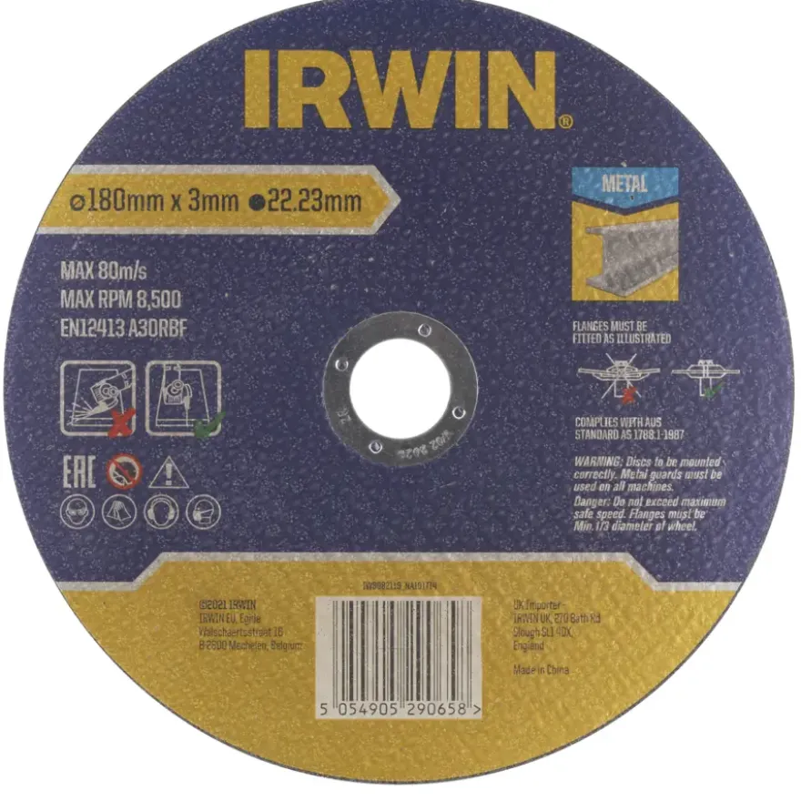 Irwin doorslijpschijf Ø178 mm. Dikte 3 mm. Voor metaal.