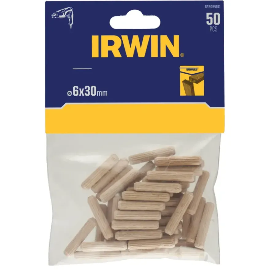 Irwin houten deuvels Ø6 mm. Inhoud 50 stuks.