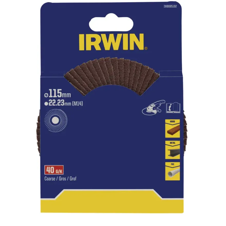 Irwin lamellenschuurschijf voor haakse slijper Ø 115 mm korrelgrootte K40.