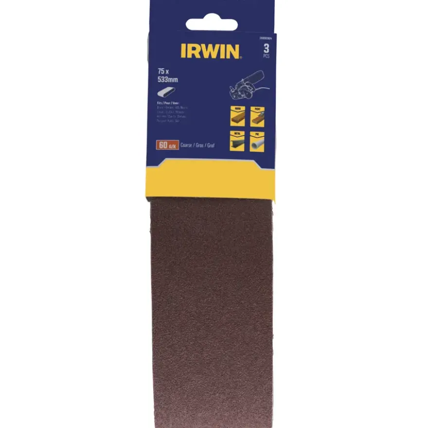 Irwin schuurband 75 x 533 mm K60 voor bandschuurmachines van bijv. Bosch en LUX, 3 stuks