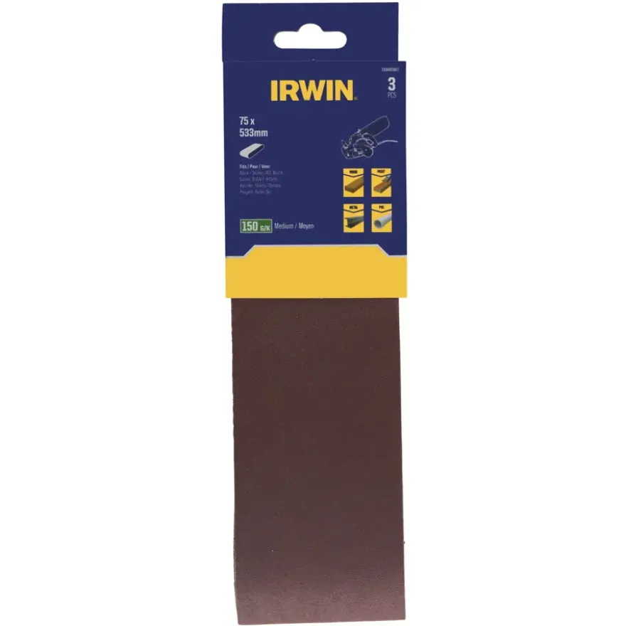 Irwin schuurband 75 x 533 mm K150 voor bandschuurmachines van bijv. Bosch en LUX, 3 stuks