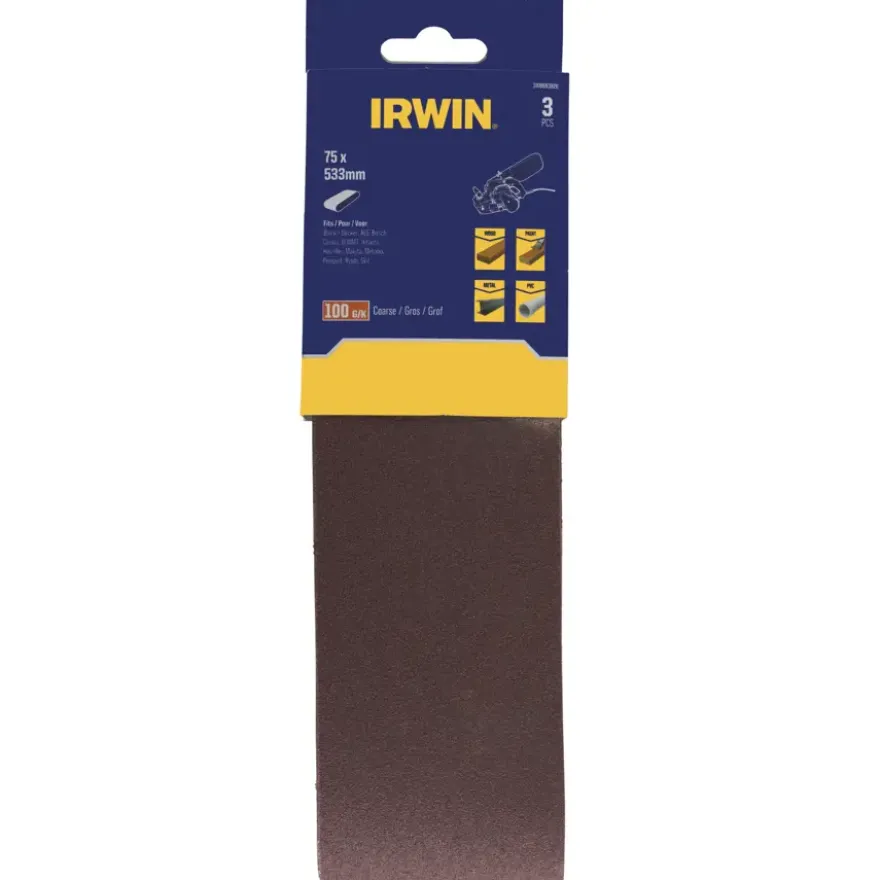 Irwin schuurband 75 x 533 mm K100 voor bandschuurmachines van bijv. Bosch en LUX, 3 stuks
