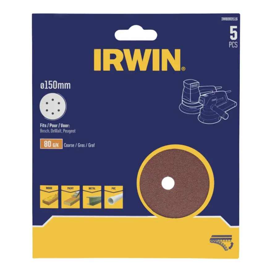 Irwin schuurschijf rond Ø150 mm zelfhechtend K80, 5 stuks