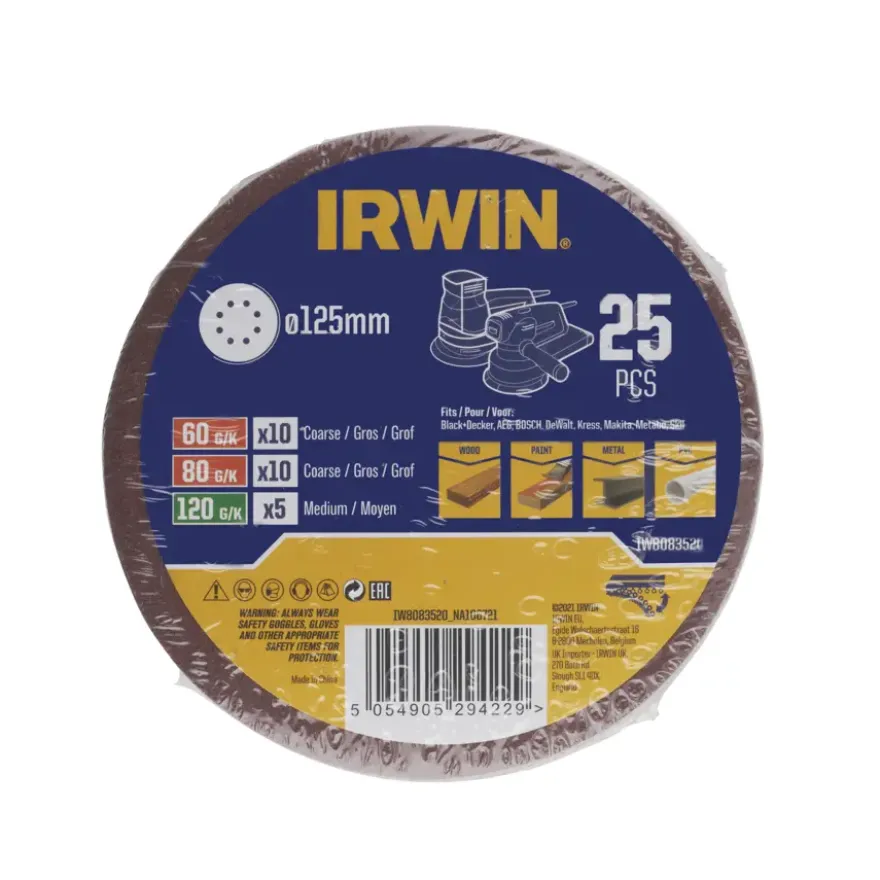 Irwin schuurschijf rond Ø125 mm zelfhechtend K60/K80/K120/K180, 25 stuks