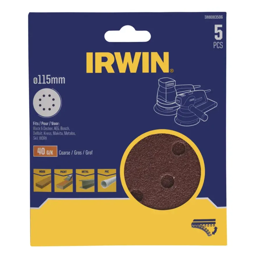 Irwin schuurschijf rond Ø115 mm zelfhechtend K40, 5 stuks