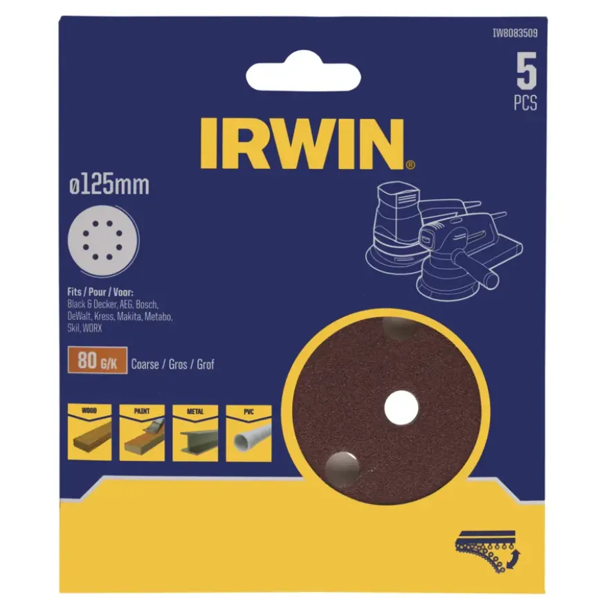Irwin schuurschijf rond Ø125 mm zelfhechtend K80, 5 stuks