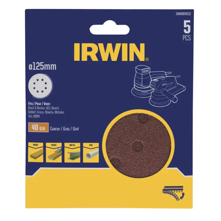Irwin schuurschijf rond Ø125 mm zelfhechtend K40, 5 stuks