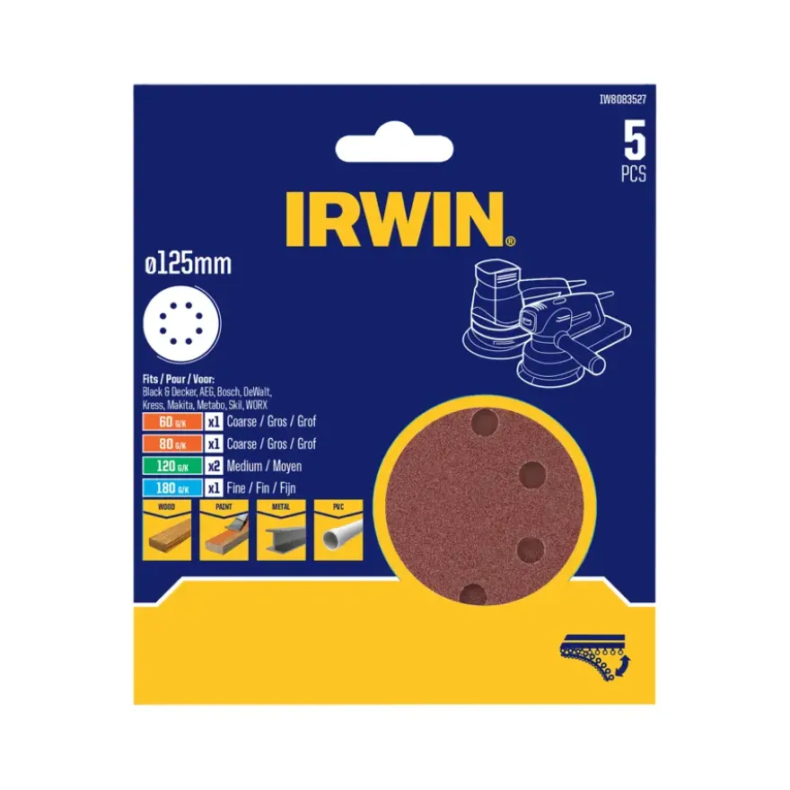 Irwin schuurschijf rond Ø125 mm zelfhechtend K60/K80/K120/K180 5 stuks