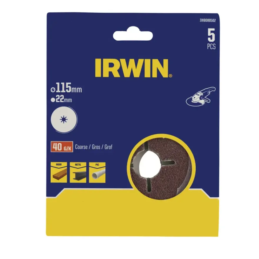 Irwin schuurschijf voor haakse slijper Ø115 mm korrelgrootte K40 5 stuks