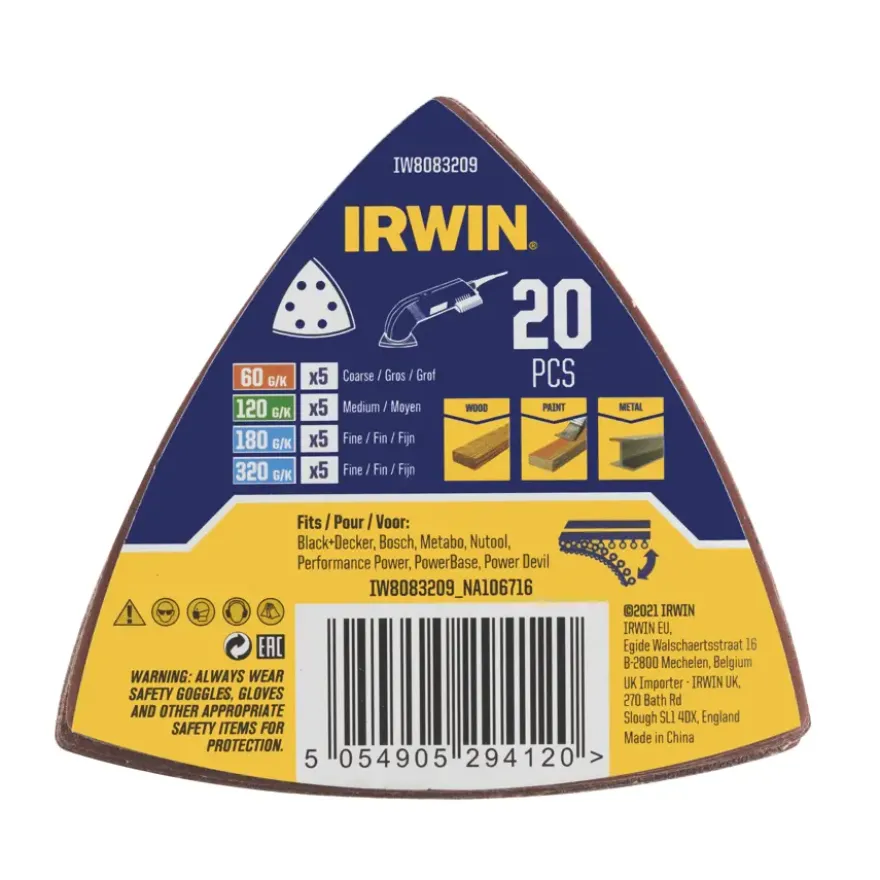 Irwin schuurvel driekhoek 95 x 95 mm zelfhechtend K60/K120/K180/K320, 20 stuks