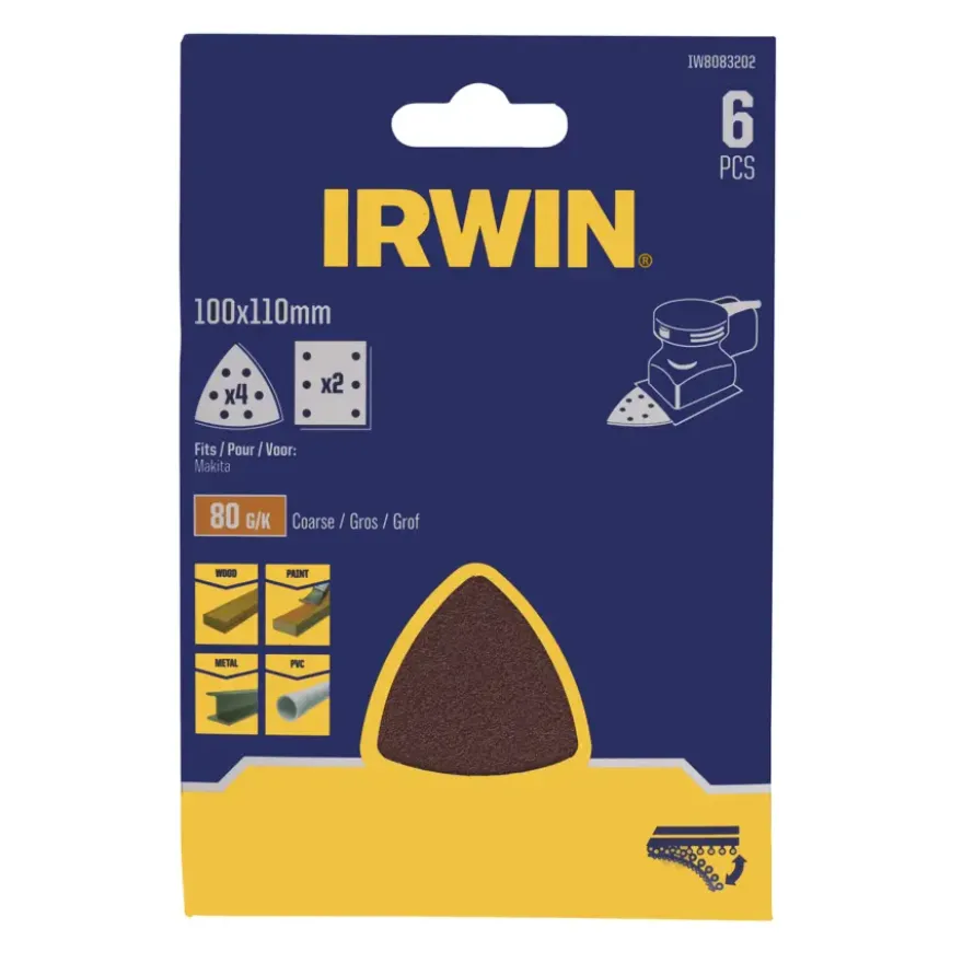 Irwin schuurvel voor Makita Tristar, zelfklevend K80, 6 stuks