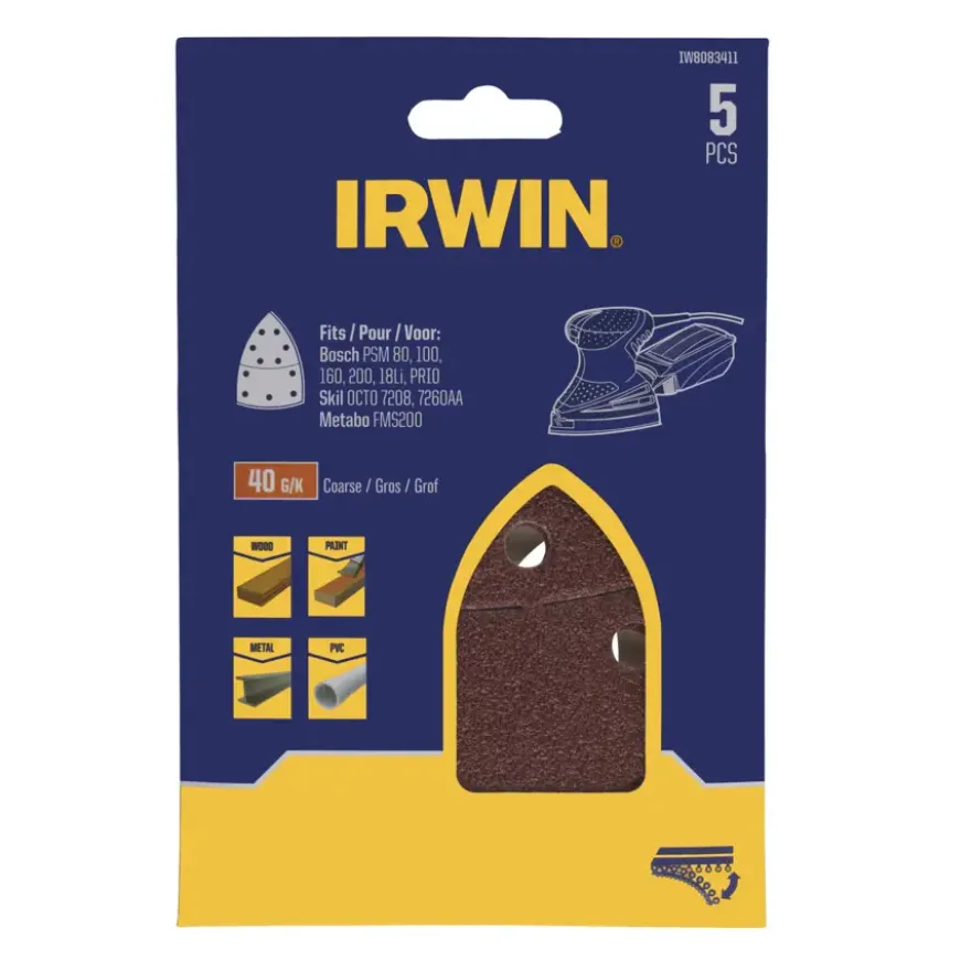 Irwin schuurvel voor multischuurmachines Bosch PSM, Skil, Lux, Metabo, zelfklevend K40, 5 stuks