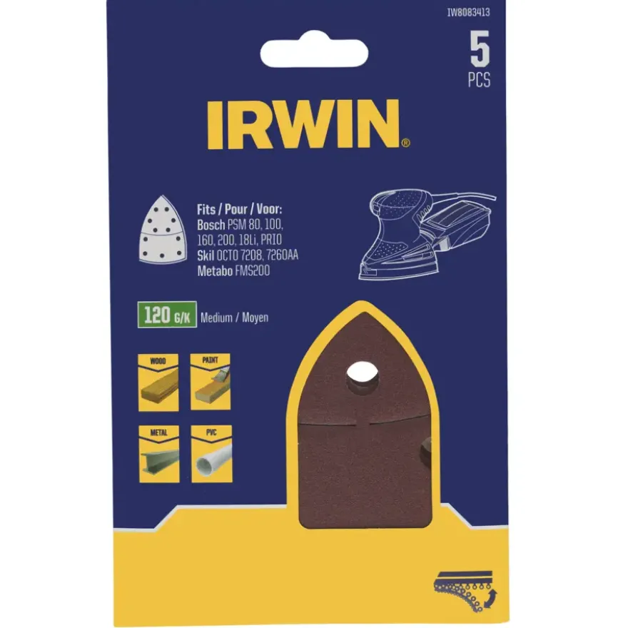 Irwin schuurvel voor multischuurmachines Bosch PSM, Skil, Lux, Metabo, zelfklevend K120, 5 stuks