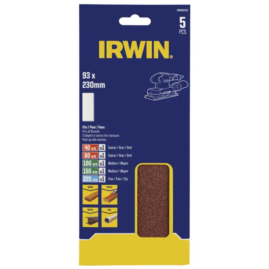 Irwin schuurvel 230 x 93 mm K40/K60/K100/K150/K220 voor klembevestiging, zonder perforatie, 5 stuks.