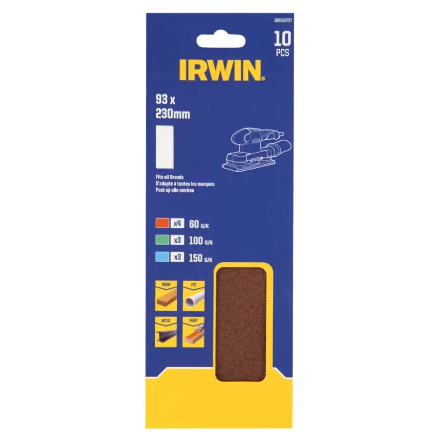 Irwin schuurvel 230 x 93 mm K60/K100/K150 klembevestiging, ongeperforeerd voor Bosch, Skil, Gamma, Makita, Metabo, 10 stuks.