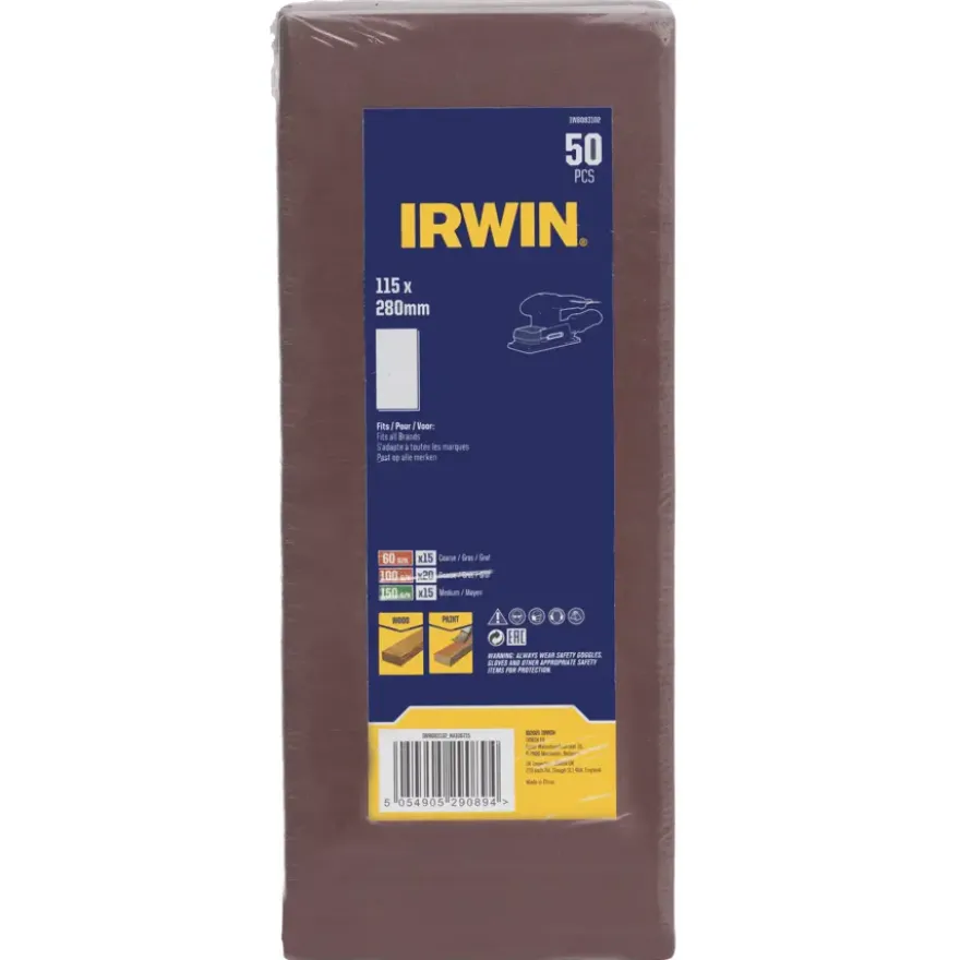 Irwin schuurvel 280 x 115 mm K60/K100/K150 voor klembevestiging, zonder perforatie, 50 stuks.