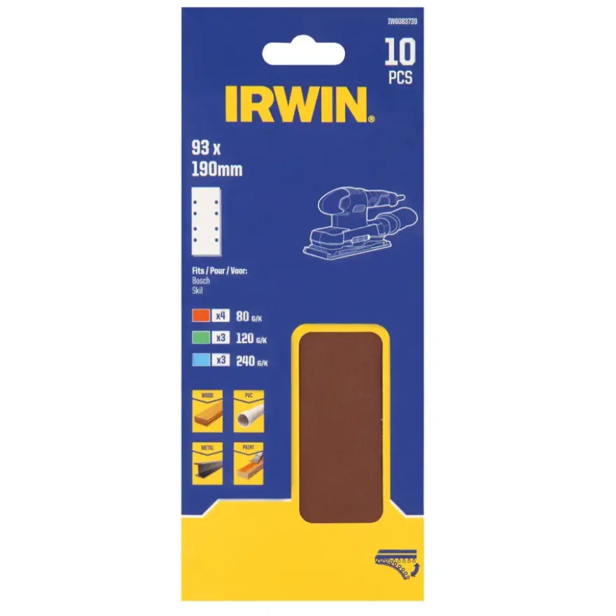 Irwin schuurvel 190 x 93 mm K80/K120/K240 zelfhechtend, met perforatie voor Bosch, Skil, Gamma, Makita, Metabo, 10 stuks.