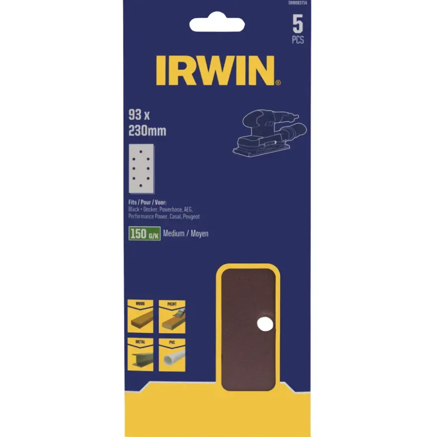 Irwin schuurvel 230 x 93 mm K150 voor klembevestiging, met perforatie voor B+D, 5 stuks.