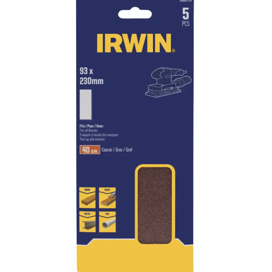 Irwin schuurvel 230 x 93 mm K40 voor klembevestiging, zonder perforatie, 5 stuks.