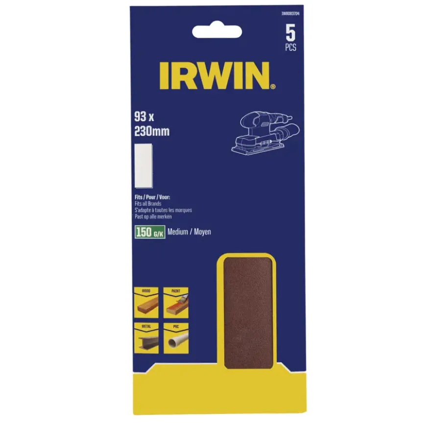 Irwin schuurvel 230 x 93 mm K150 voor klembevestiging, zonder perforatie, 5 stuks.