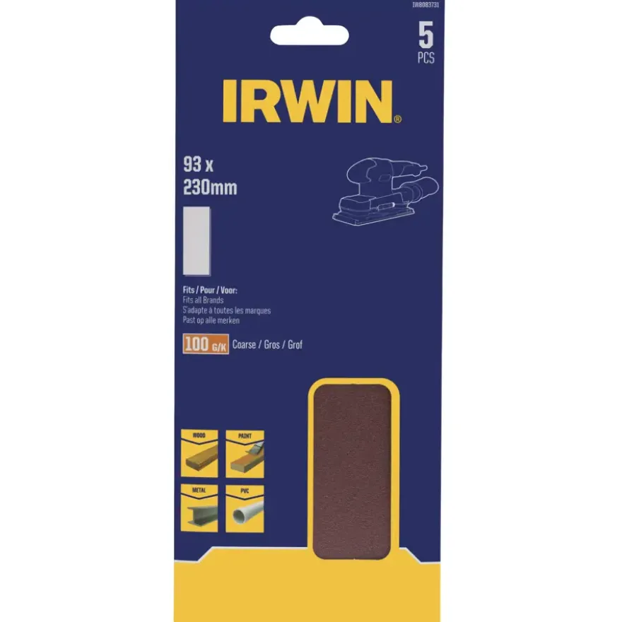 Irwin schuurvel 230 x 93 mm K100 voor klembevestiging, zonder perforatie, 5 stuks.