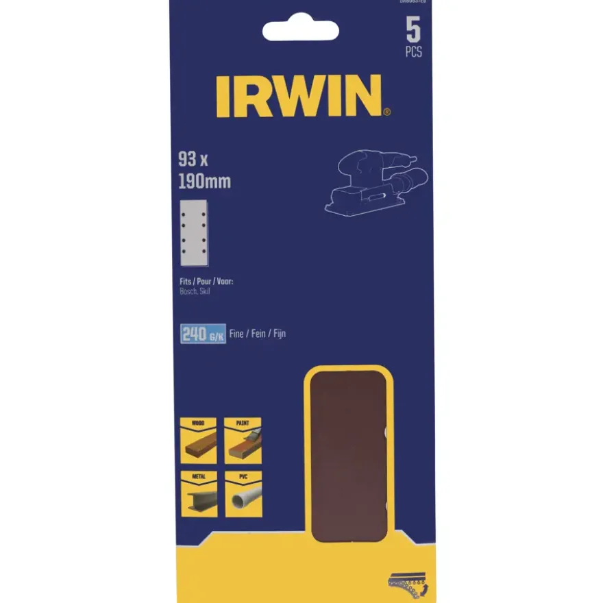 Irwin schuurvel 190 x 93 mm K240 zelfhechtend, met perforatie voor Bosch, Skil, Gamma, Makita, Metabo, 5 stuks.