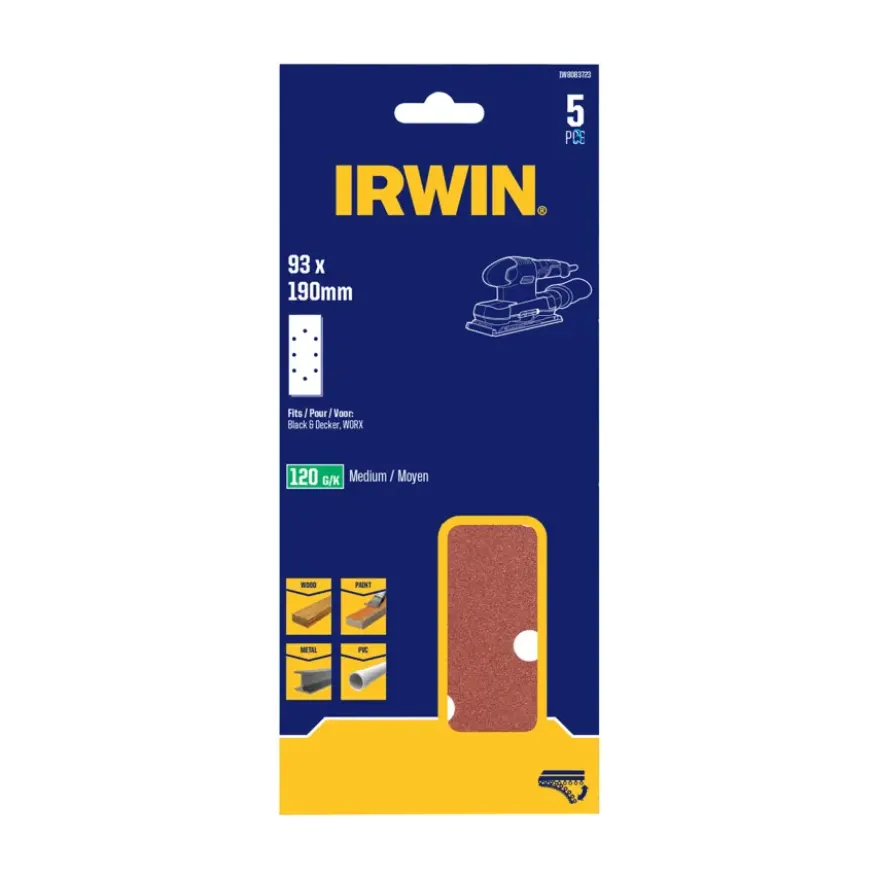 Irwin schuurvel 190 x 93 mm K120 zelfhechtend, met perforatie voor B+D, 5 stuks.
