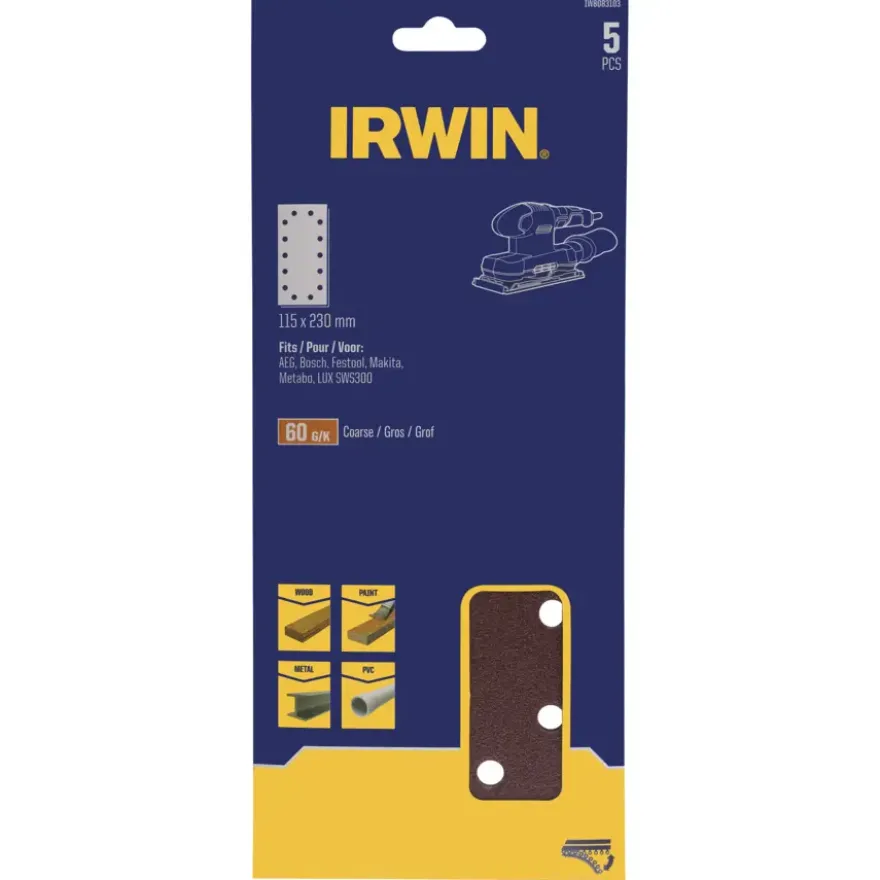 Irwin schuurvel 230 x 115 mm K60 zelfhechtend, met perforatie, 5 stuks.