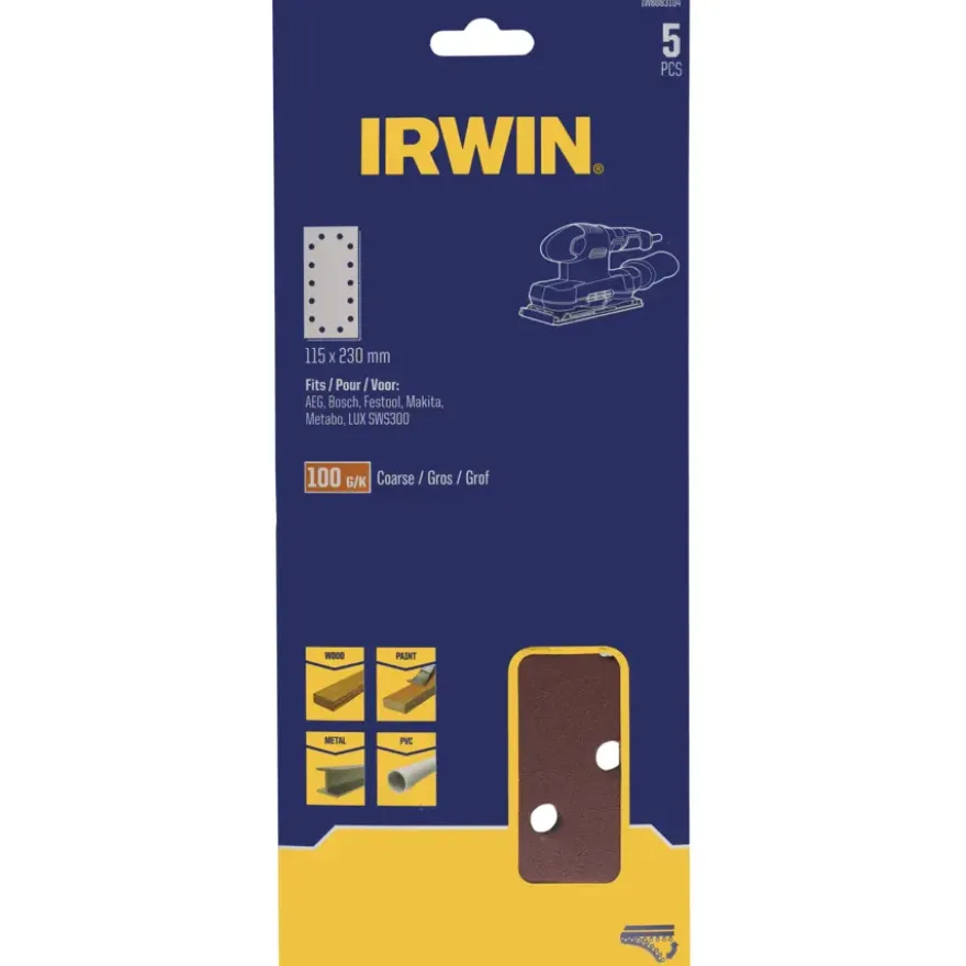 Irwin schuurvel 230 x 115 mm K100 zelfhechtend, met perforatie, 5 stuks.