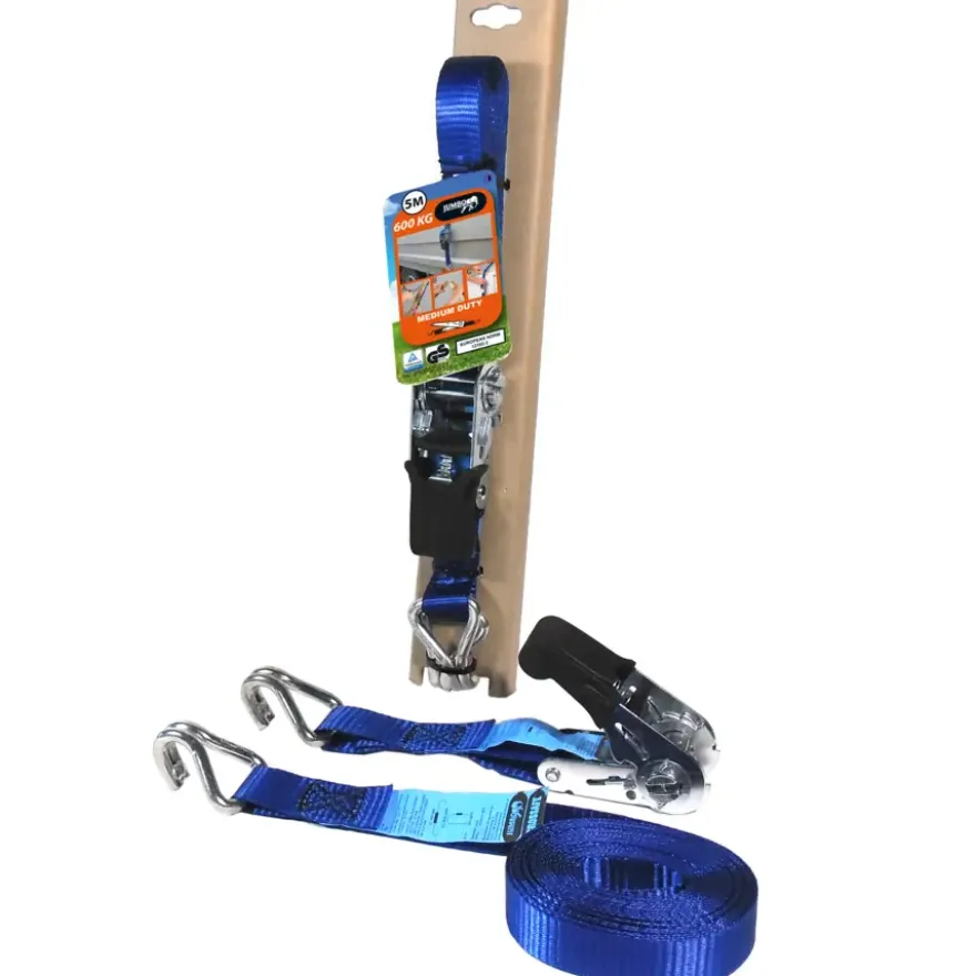Jumbo spanband blauw 25mm met rubberen ratel voor extra grip en J haken 500 cm