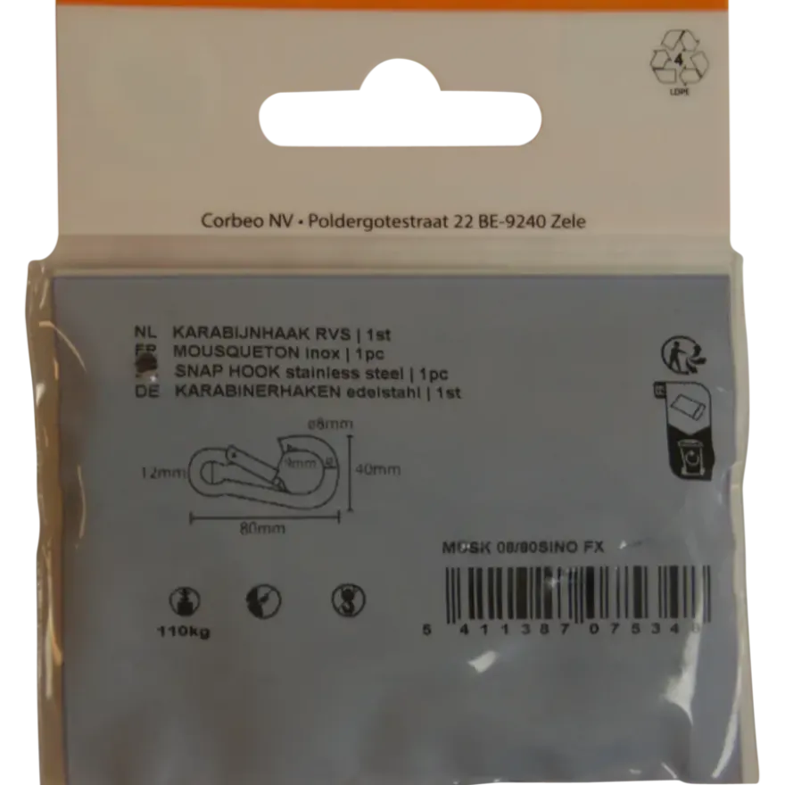 Karabijnhaak RVS 80 mm 1 stuk