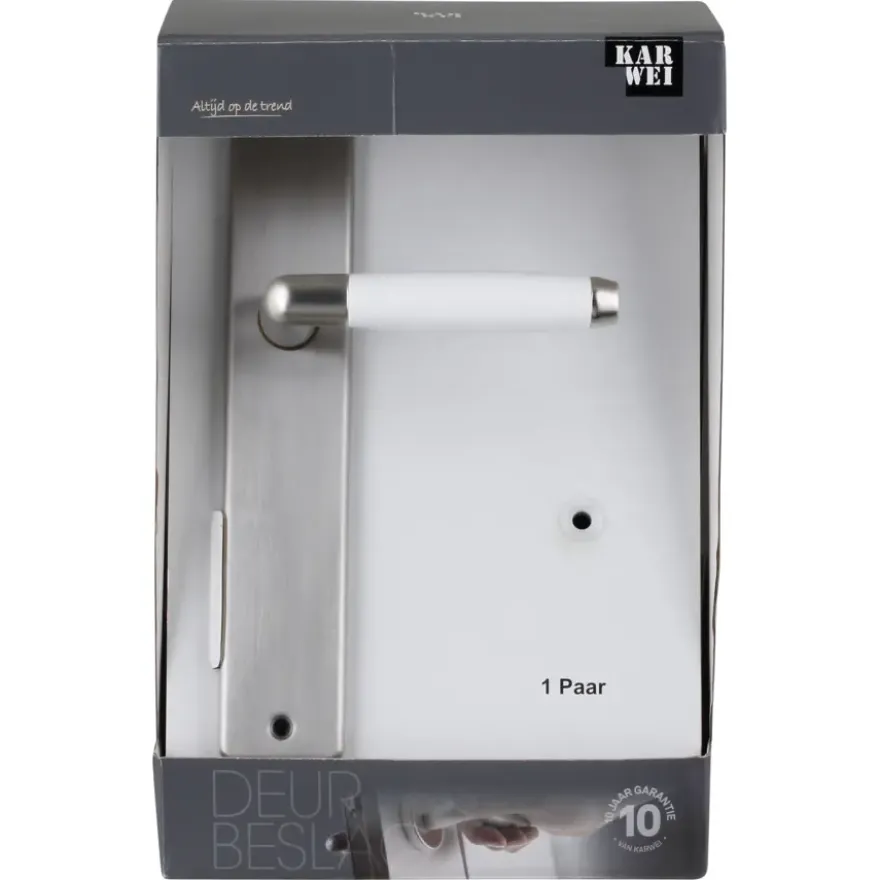 Karwei deurkruk set Lago recht blind schild RVS look messing