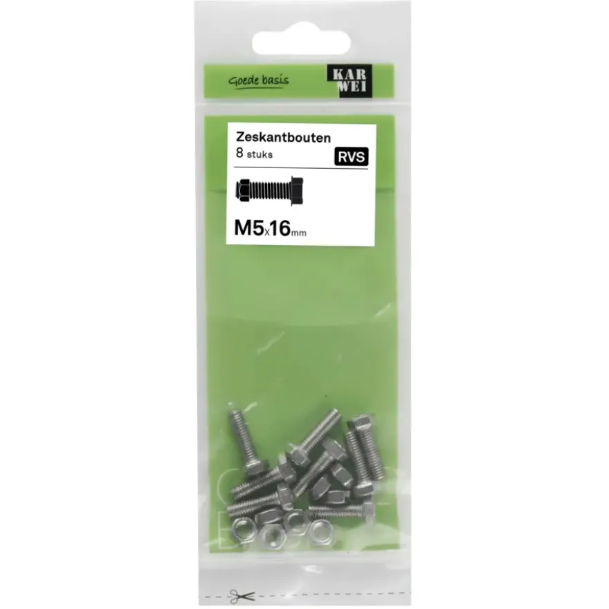 KARWEI zeskantbout voldraad rvs M5x16 mm 8 stuks
