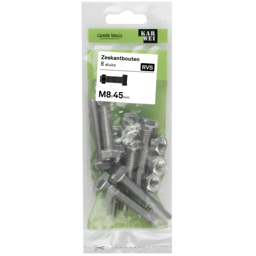 KARWEI zeskantbout voldraad rvs M8x45 mm 8 stuks