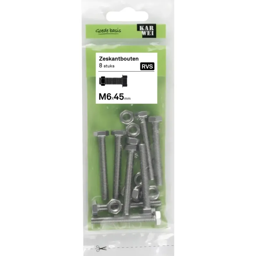 KARWEI zeskantbout voldraad rvs M6x45 mm 8 stuks