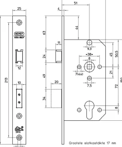 NEMEF veiligheidsslot met sluitkom SKG 2-sterren Doorn 50mm PC 72mm