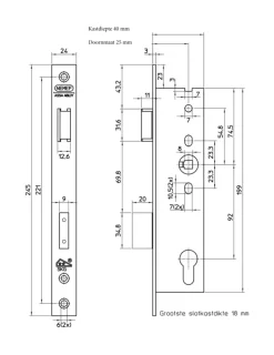NEMEF Veiligheidssmaldeurslot Gelakt SKG 2-sterren Doorn 25mm PC 92mm
