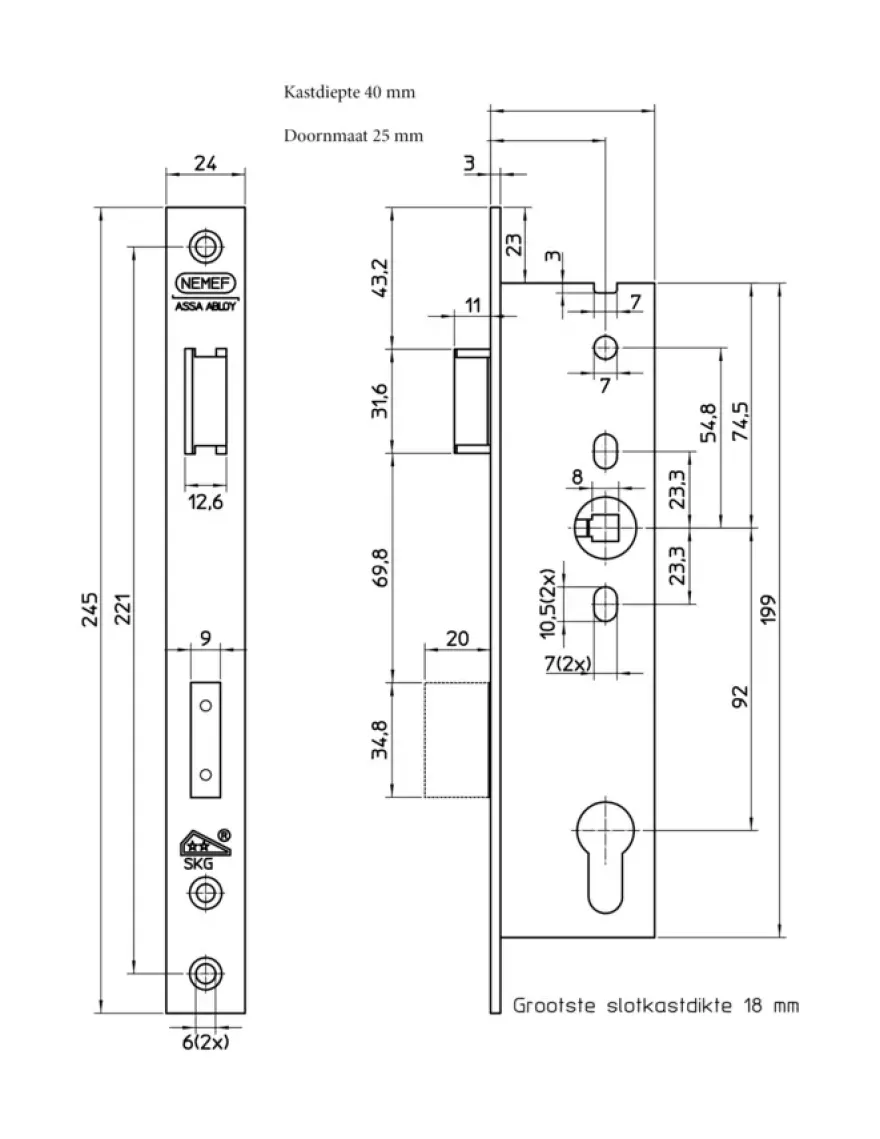NEMEF Veiligheidssmaldeurslot Gelakt SKG 2-sterren Doorn 25mm PC 92mm