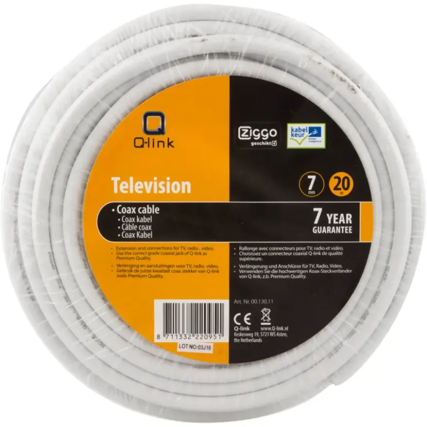 Q-Link coax kabel 20 meter wit kabelkeur